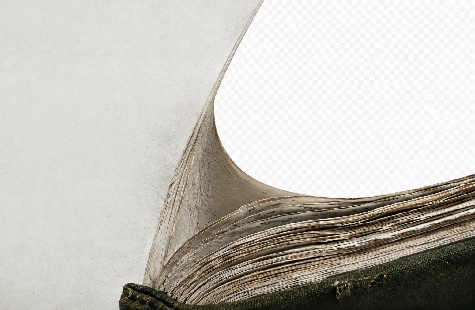 Layered manuscript pages opening into a moss-covered Icelandic valley